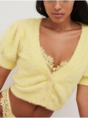 For Love And Lemons Pale Yellow Fuzzy V-Neck Cardigan